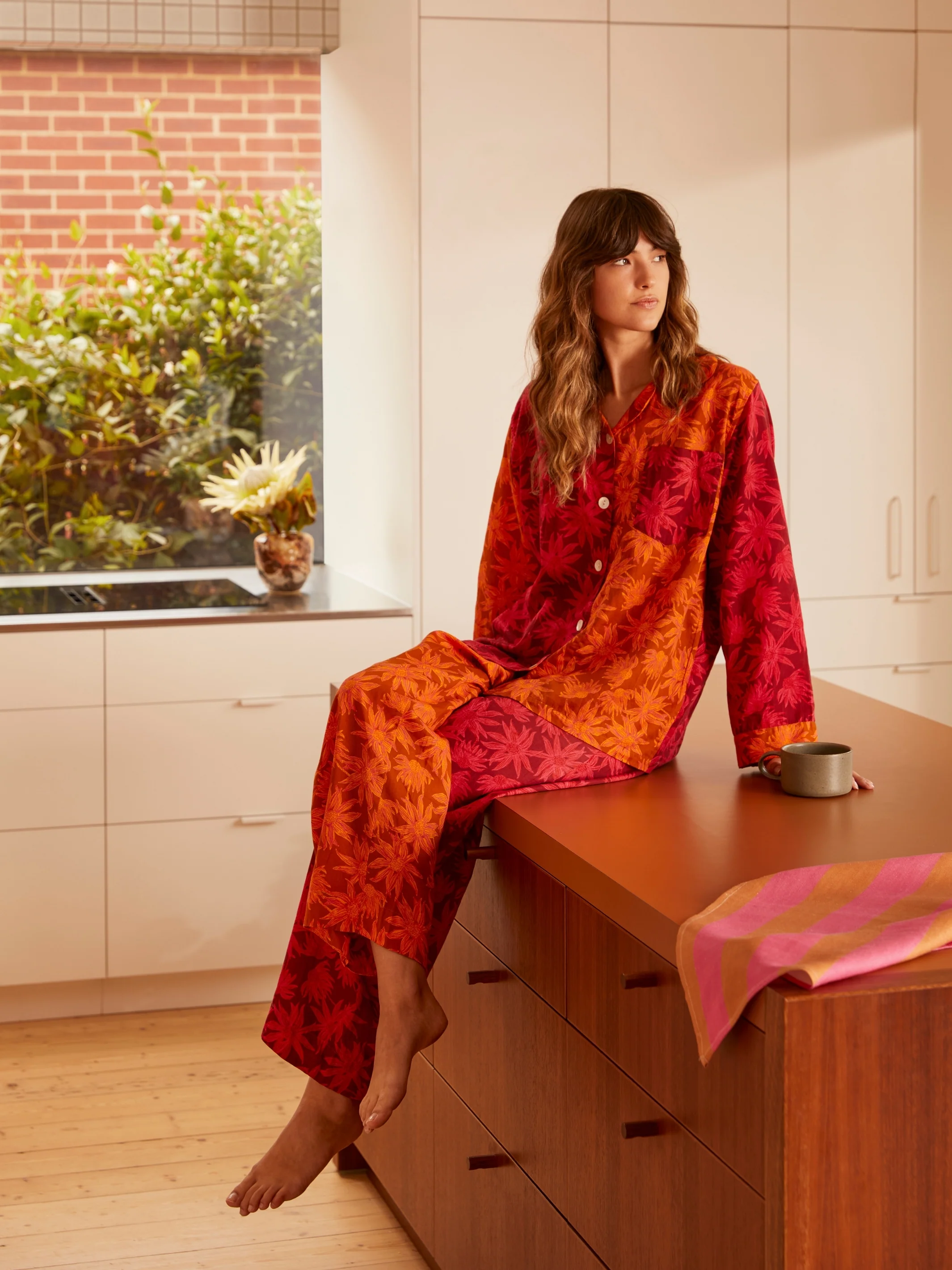 Flannel Flower Cerise Tan Pyjama Set - Image 3