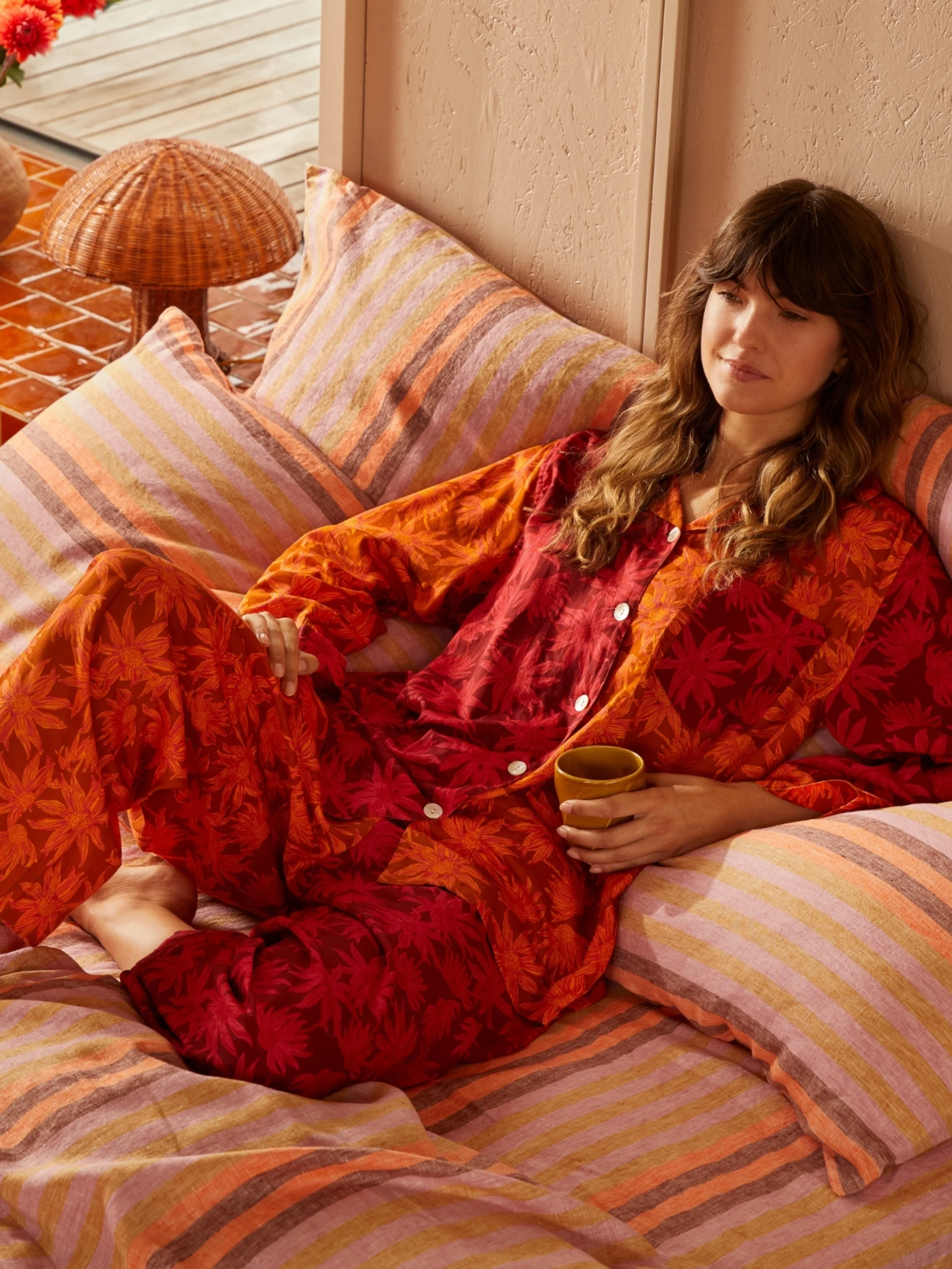 Flannel Flower Cerise Tan Pyjama Set - Image 4